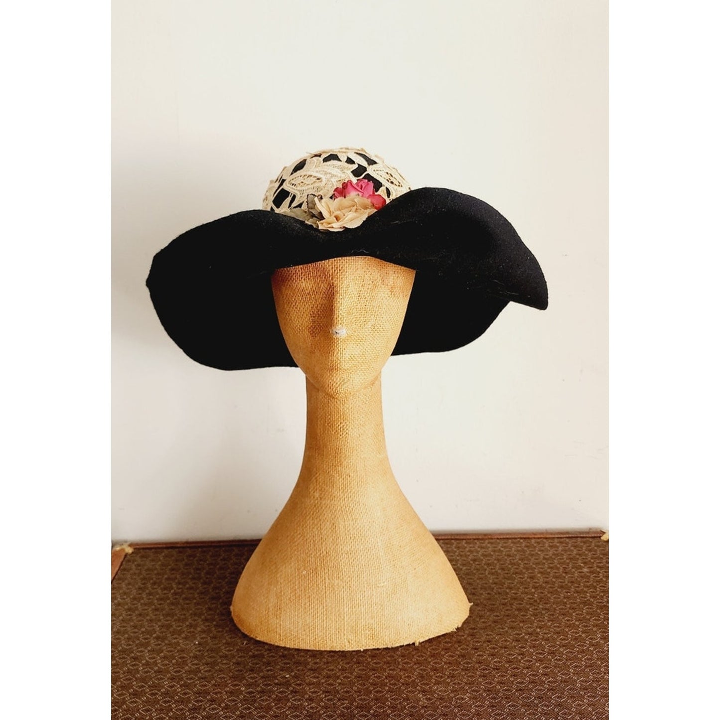 Vintage 80s Neo-Edwardian Hat Hooray Henri Wide Brimmed Black Felt Cream Lace