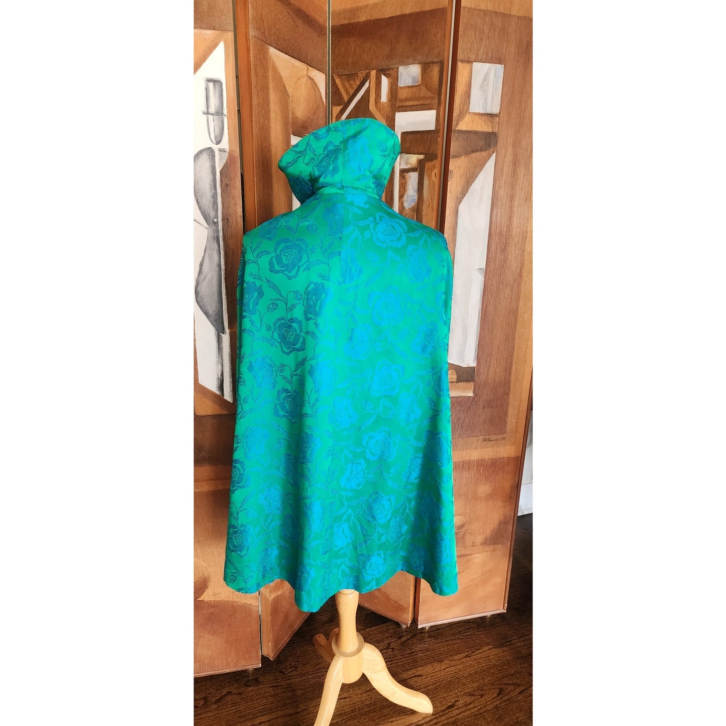 Vintage 60s Swing Coat Short Cape Style Jacket Blue Floral Brocade