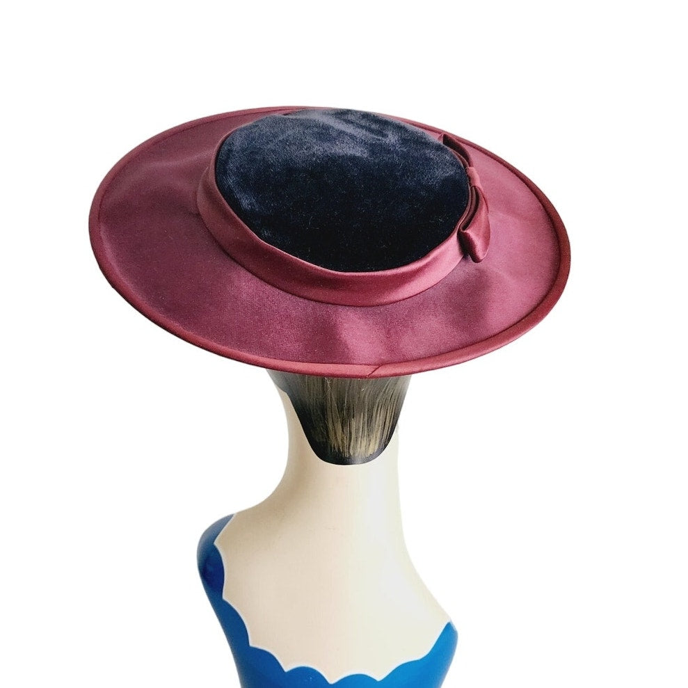 Vintage 50s Saucer Hat Burgundy Red Velet Satin Lytton's