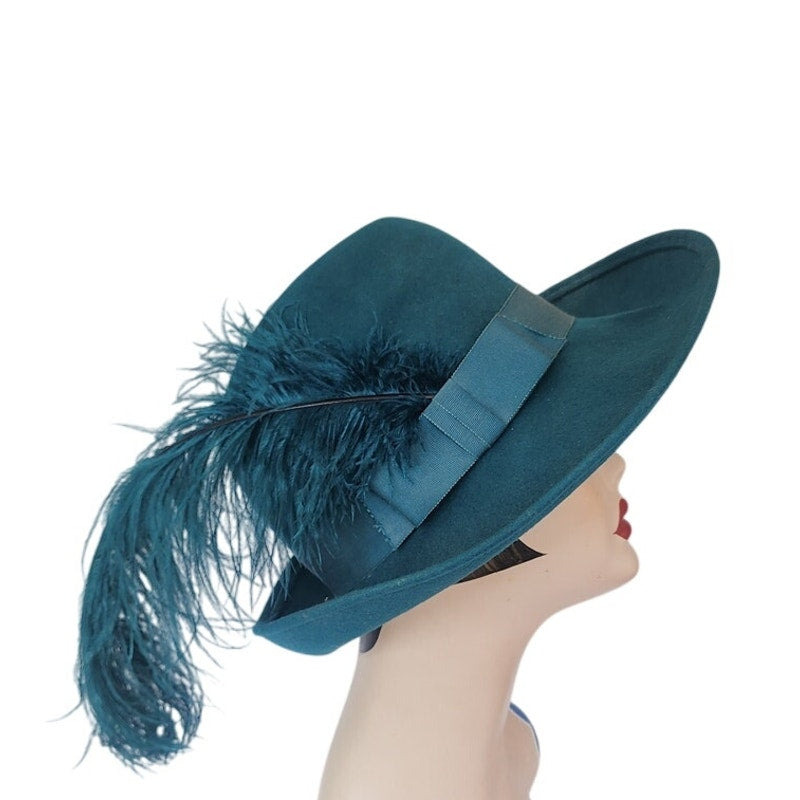 Vintage 1970s Teal Blue Wool Hat w/Large Feather by Gotham NWT
