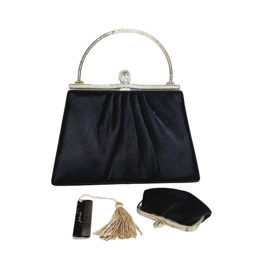 Vintage Judith Leiber Bag Black Satin w/ Crystal Handle