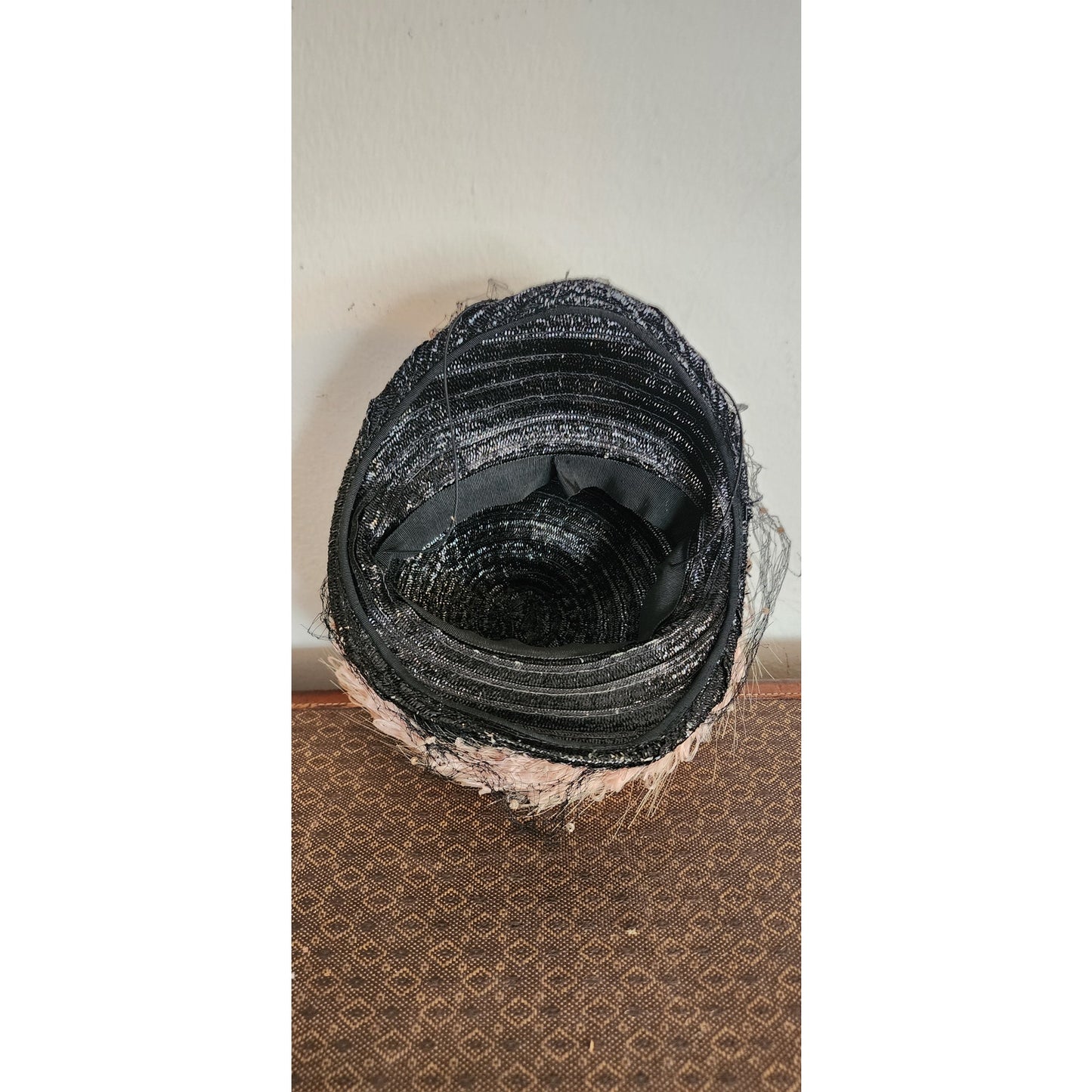 Vintage 1940s Tilt Top Boater Hat Black Straw & Pink Trim