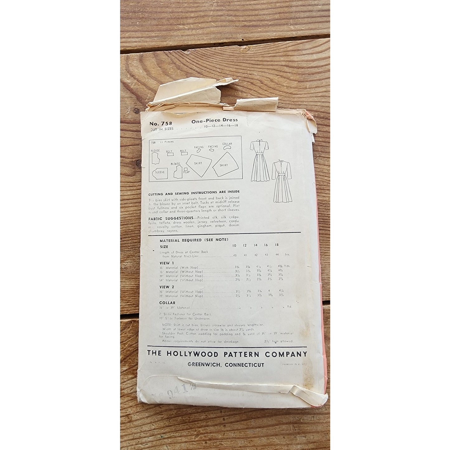 Vintage 1940s Sewing Pattern ORIGINAL:  Jane Wyman Dress Hollywood Patterns 758