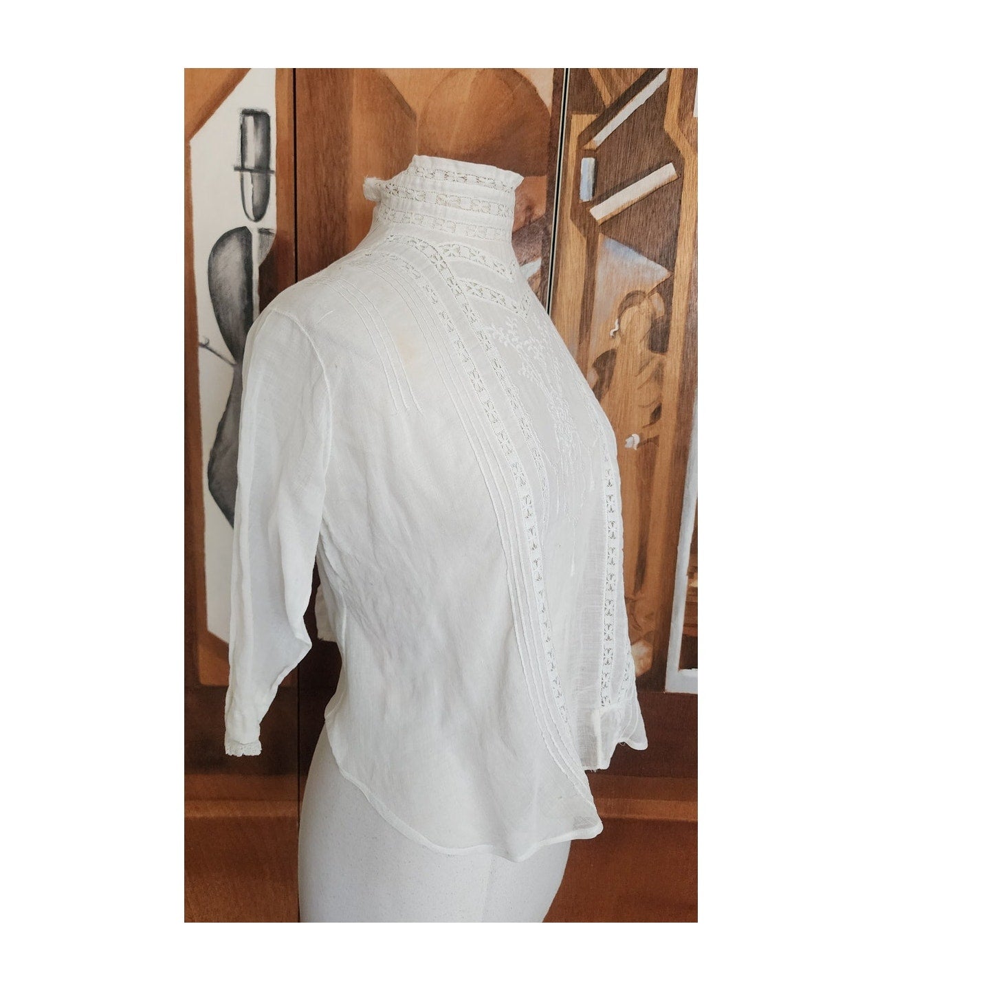 Antique Edwardian Blouse Embroidered White Cotton Lace High Neckline