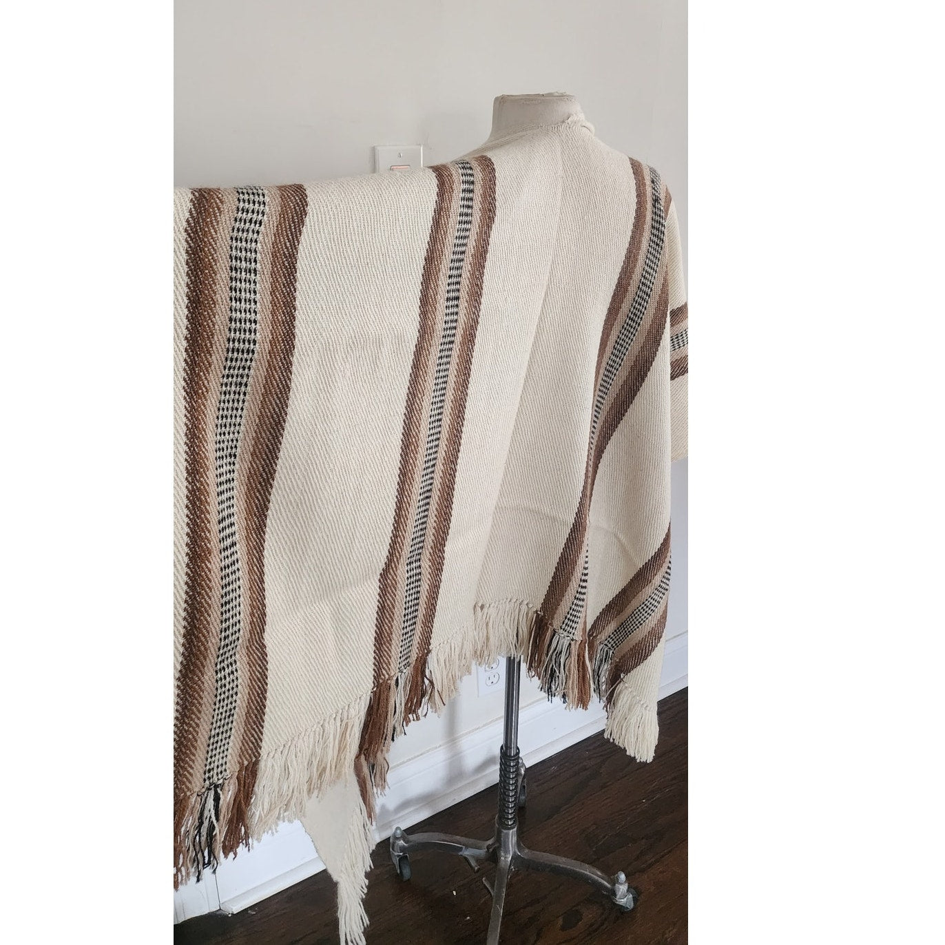 Vintage Poncho Fringed Alpaca Wool Ruana Cream w/Brown Stripe Southwestern Style
