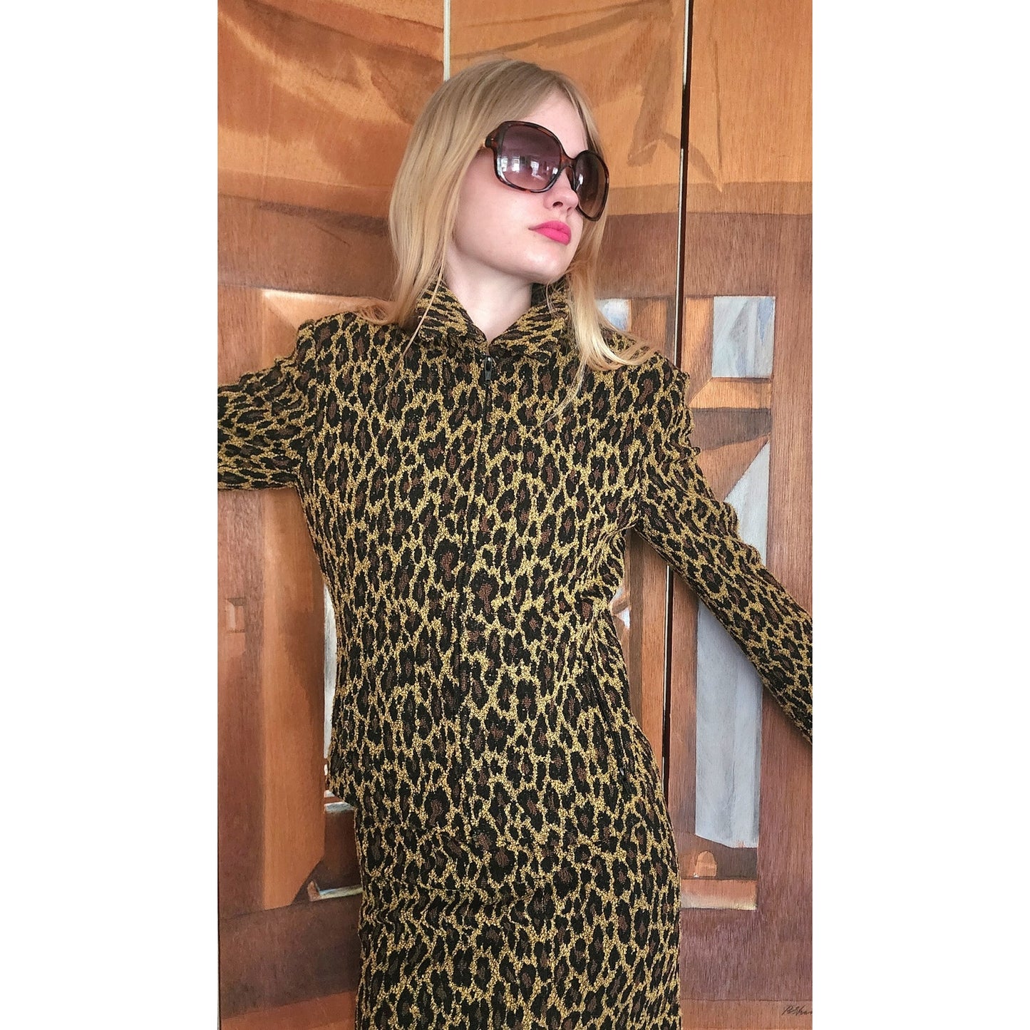 Vintage 90s Monica Bianco Milano Animal Print Skirt Suit Structured Jacket Set Made in Italy