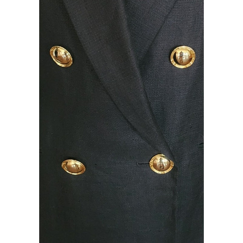Vintage 80s GENNY Blazer Black Linen Jacket Hip Length Double Breasted Gold Buttons / M