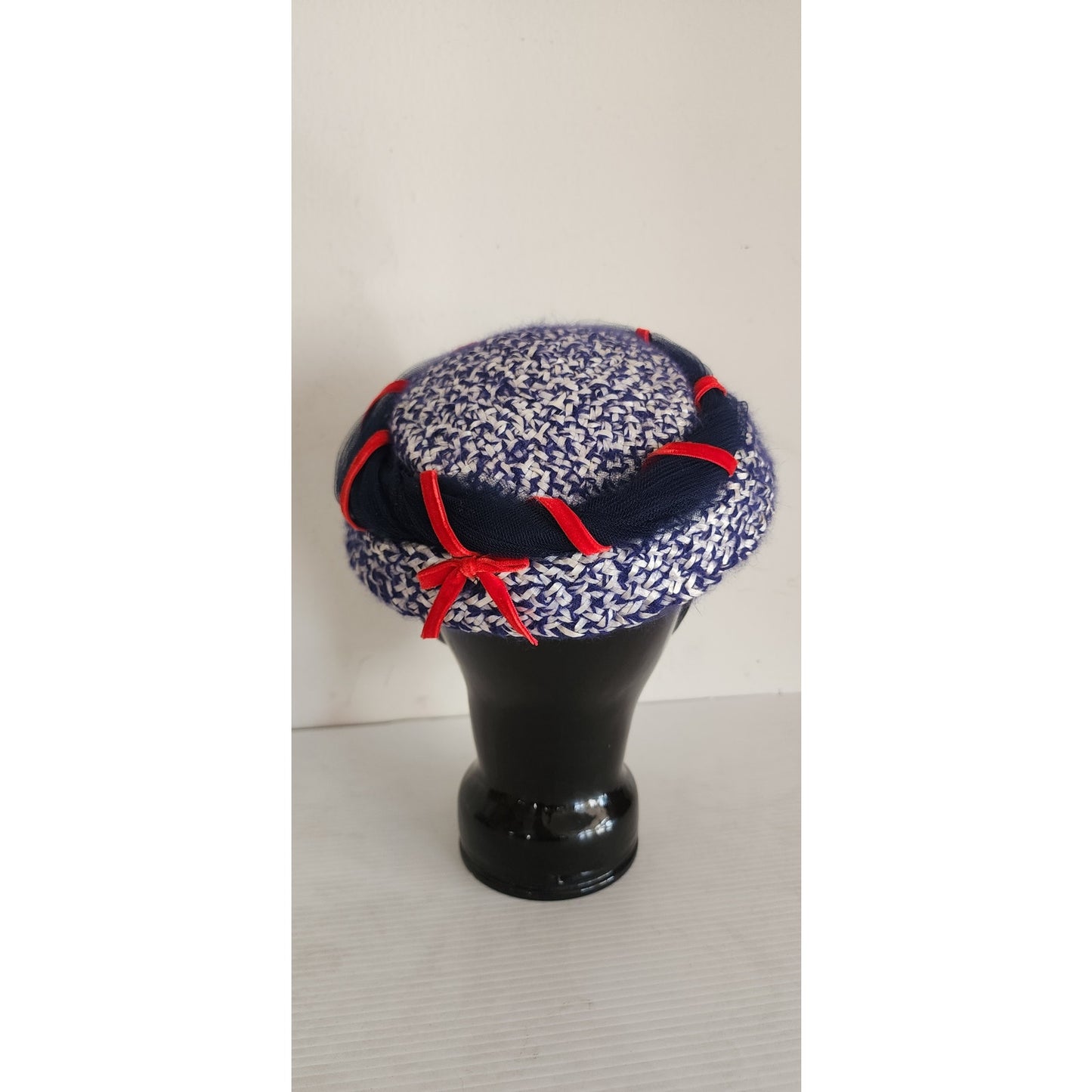 Vintage 50s Knit Beanie Hat Navy Blue Red White