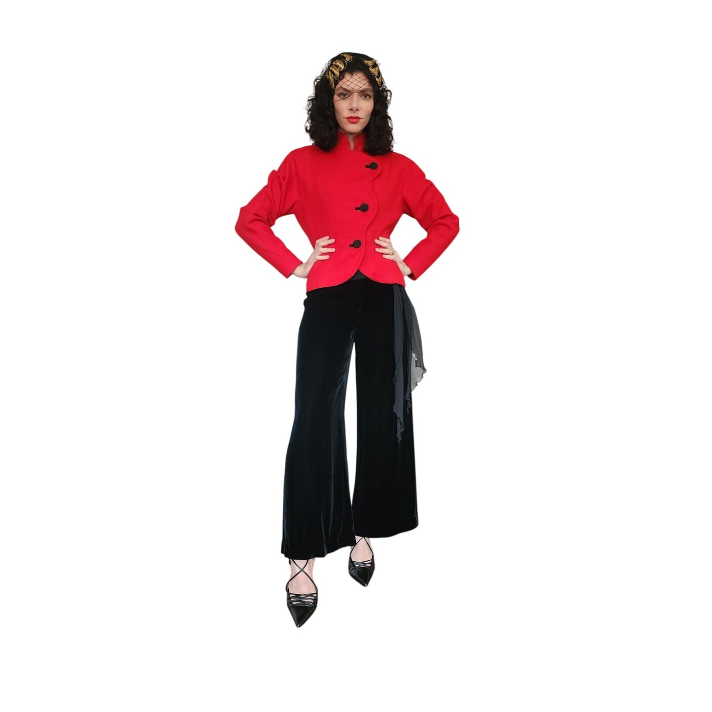 Vintage 2000s Wide Legged Pants Black Velvet w/Silk Tie Scarf Belt ITW Claude Brown / M