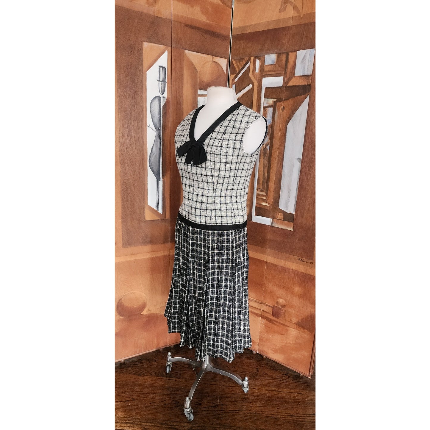 Vintage 1960s Mod Suit Pleated Midi Skirt + Top Gray Black Wool Tweed Geometric Schoolgirl