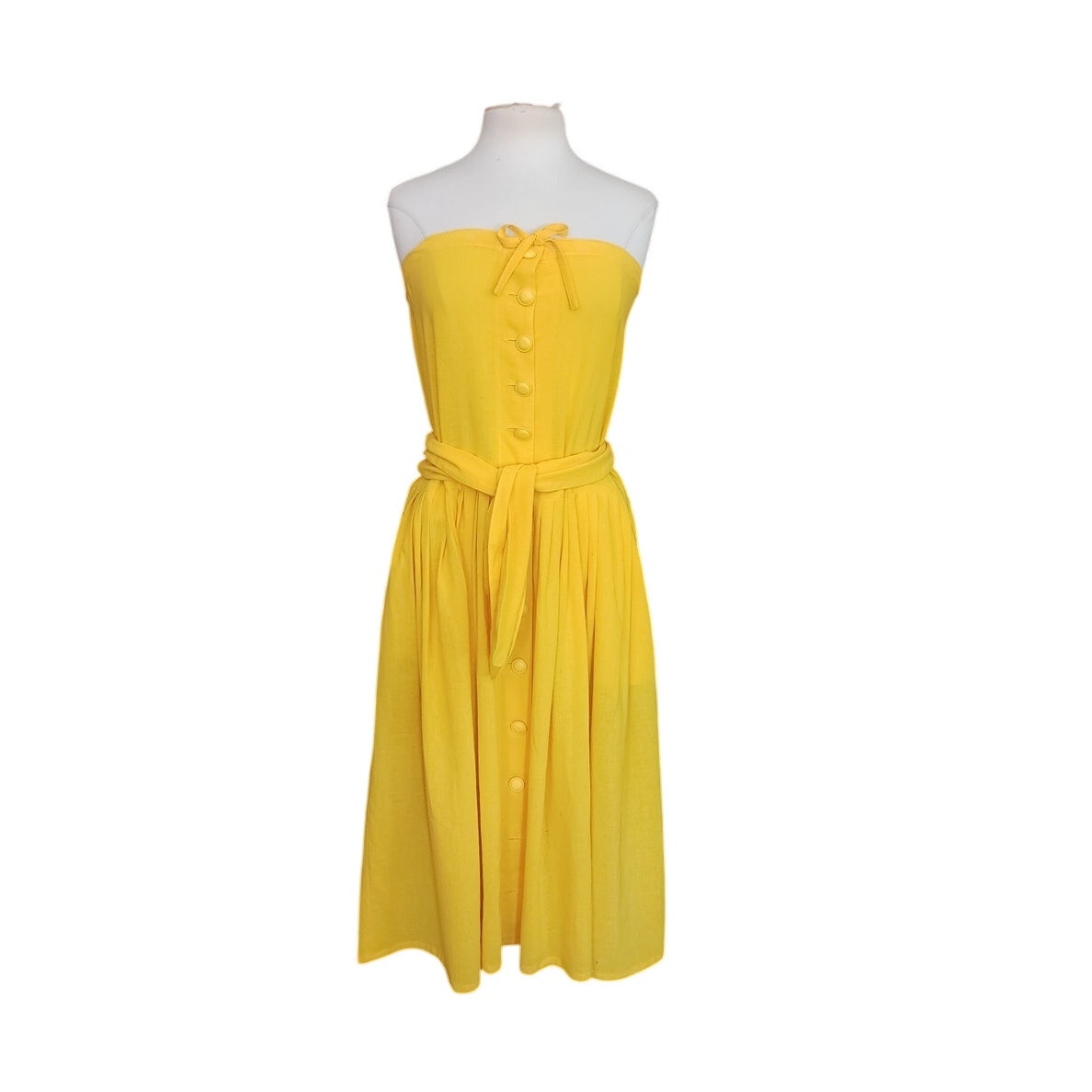 Vintage 80s Sonia Rykiel Strapless Dress Yellow Cotton Button Front Sash Belt Waist