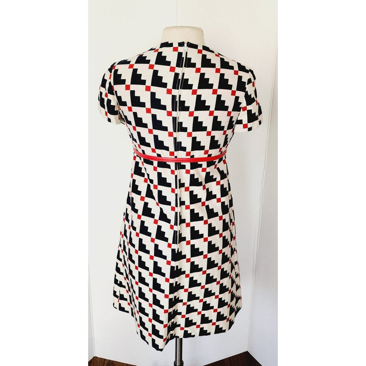 Vintage 60s Mod Dress Suit / Coat Set Geometric Print Navy Blue Red White