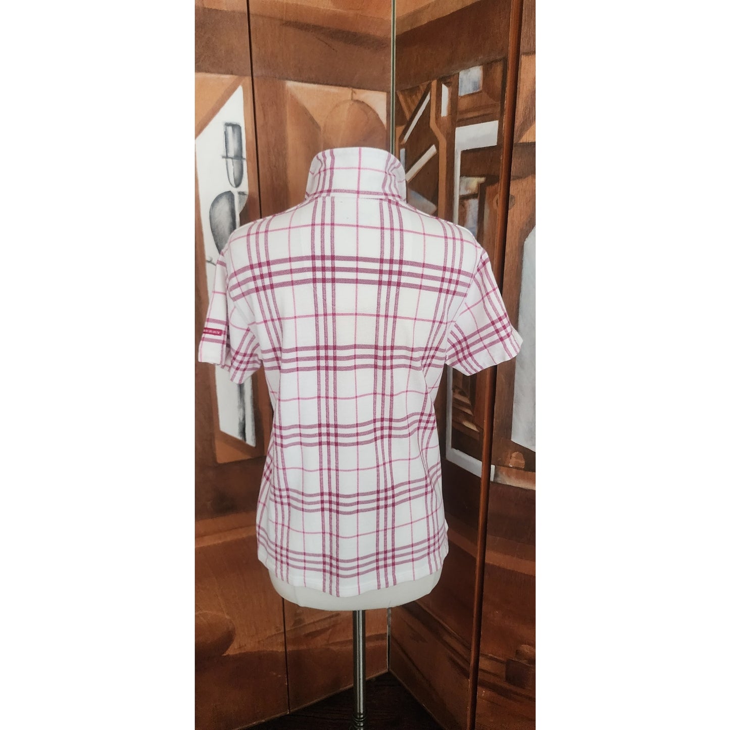 Vintage 2000s Burberry Golf Shirt Polo Top Preppy Plaid V Neck Short Sleeve White Red