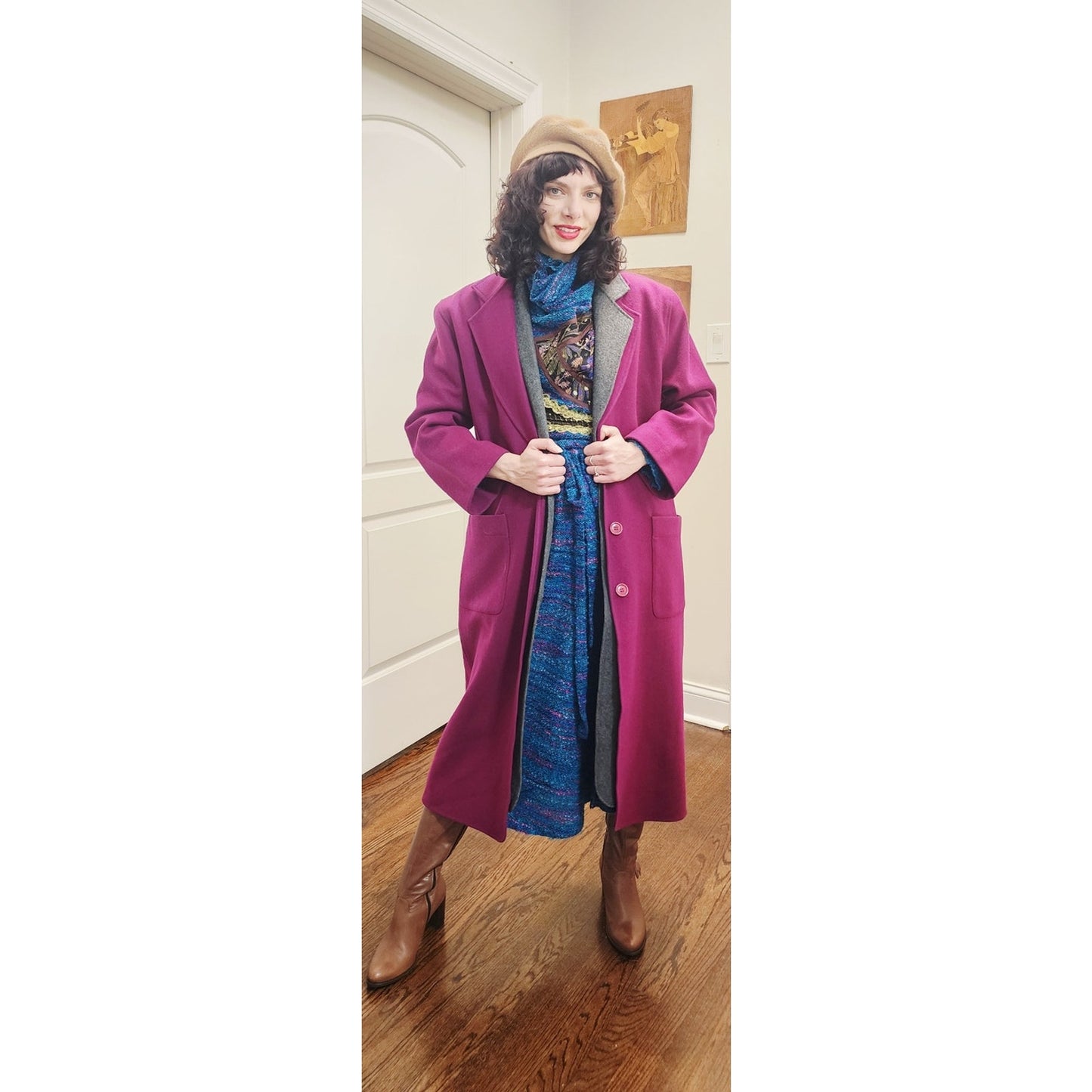 Vintage 80s Purple Wool Coat Perry Ellis Portfolio w/Removable Gray Liner Vest Duster