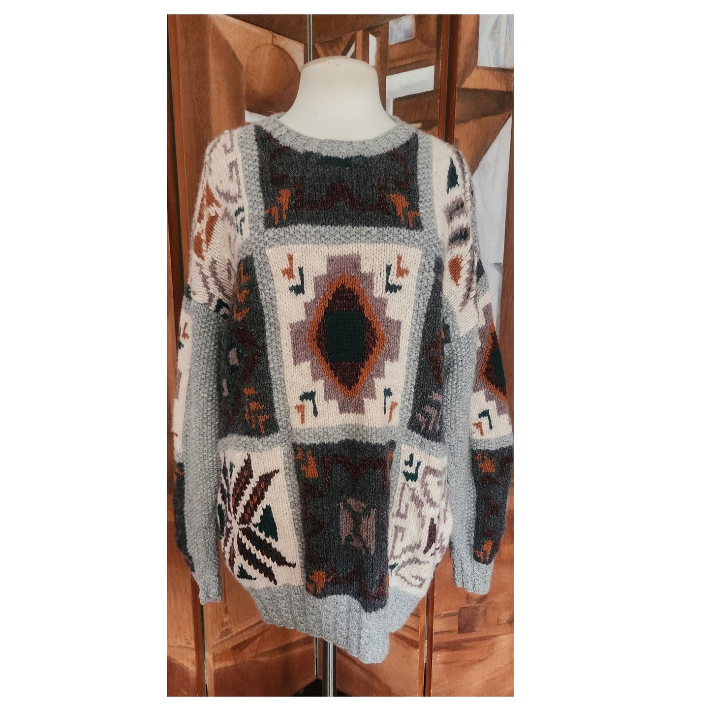 Vintage 1990s Lord & Taylor Ski Sweater Southwestern Geometric Intarsia Gray Wool