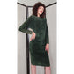 Vintage 80s Green Suede Dress Gold Button Back Firenze