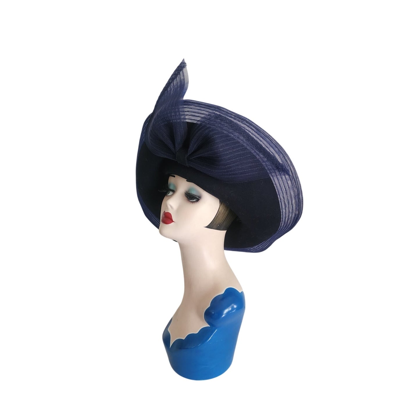 Vintage Navy Blue Hat in Wool & Mesh Oversized Asymmetrical Mr John Classic