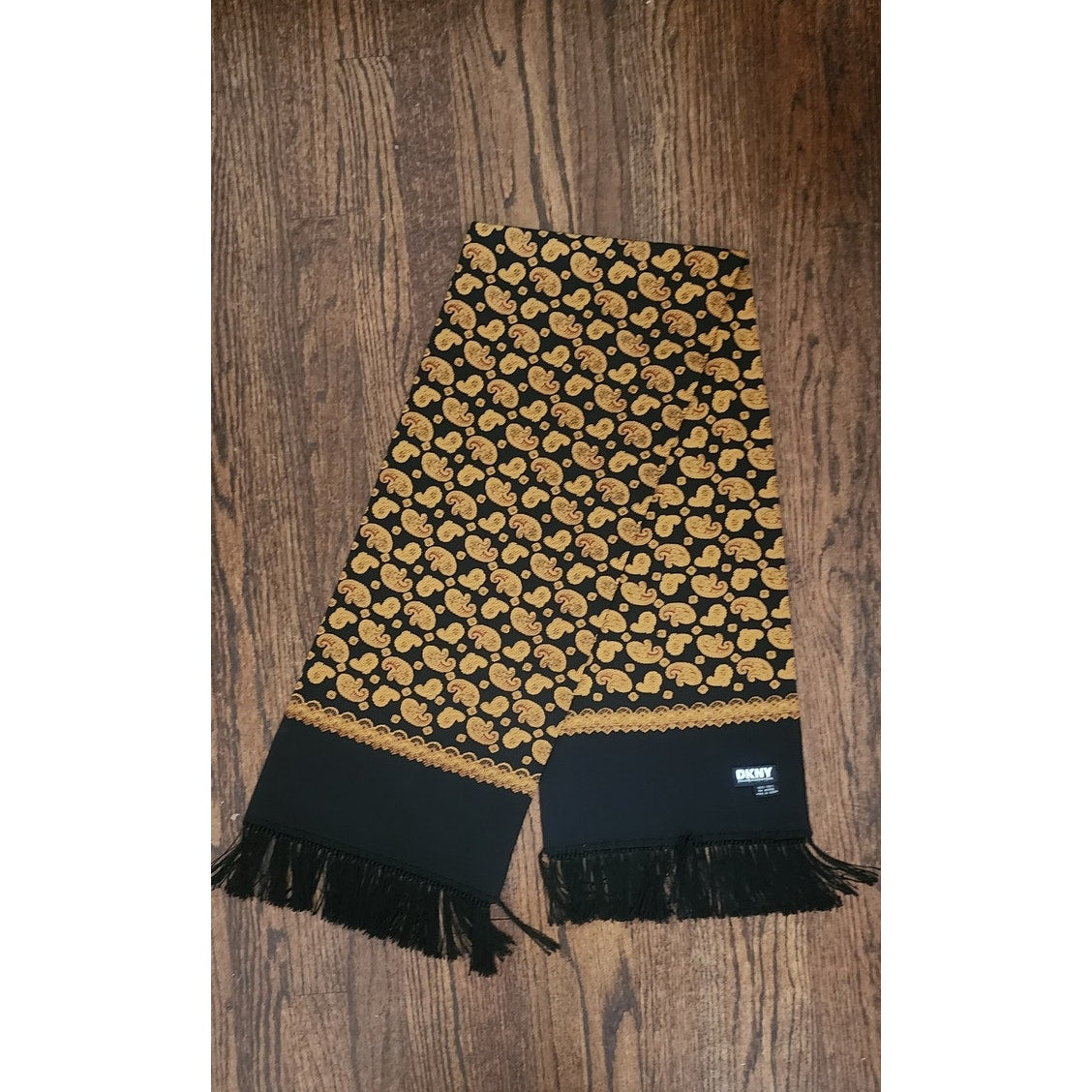 Vintage 1990s DKNY Scarf Black Gold Paisley Print Silk Oblong Fringe Donna Karan
