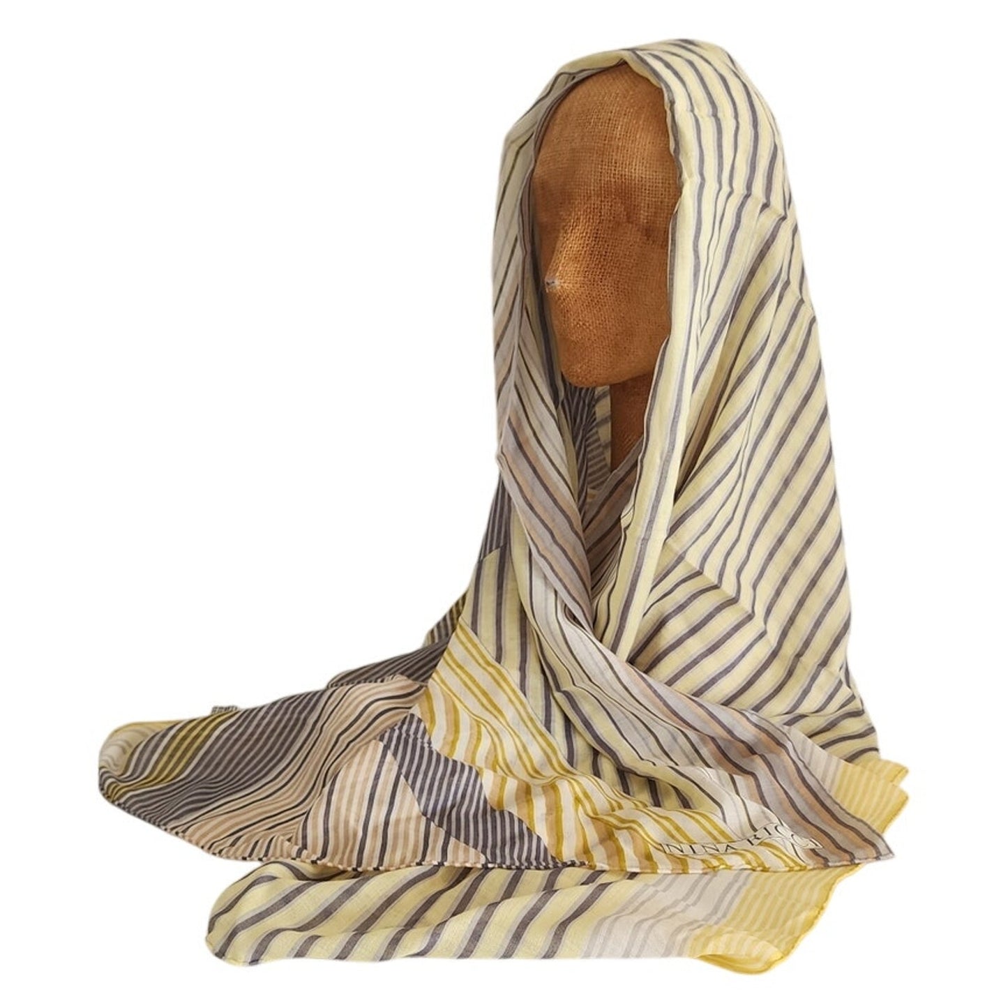 Vintage Nina Ricci Cashmere Silk Scarf Shawl Yellow Gray Stripe