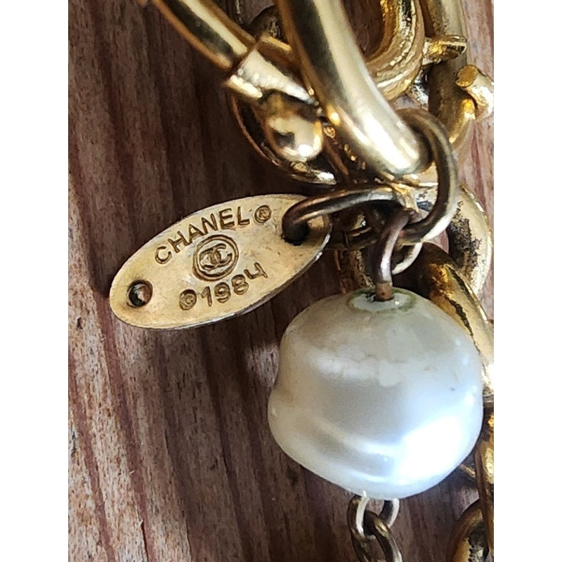 Vintage Chanel 1984 Necklace Double Strand Gold Chain Baroque Pearl Documented Runway Lagerfeld Era