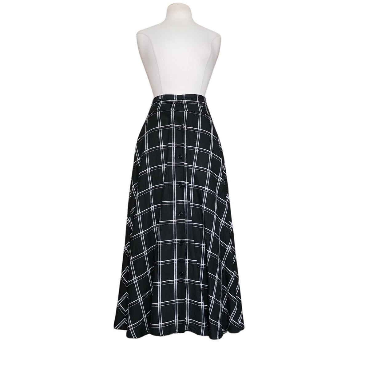 Vintage 1990s Anne Klein II Long Skirt Black Linen White Plaid Button Down / M