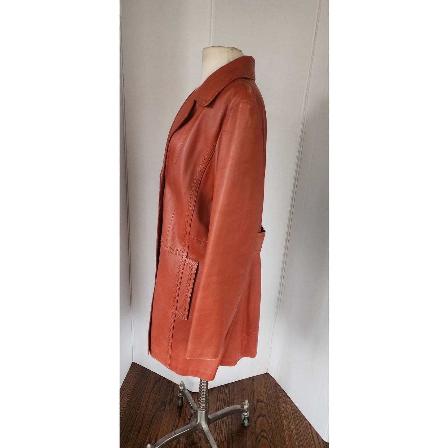 Vintage 70s Brown Leather Coat Hip Length Double Breasted / L