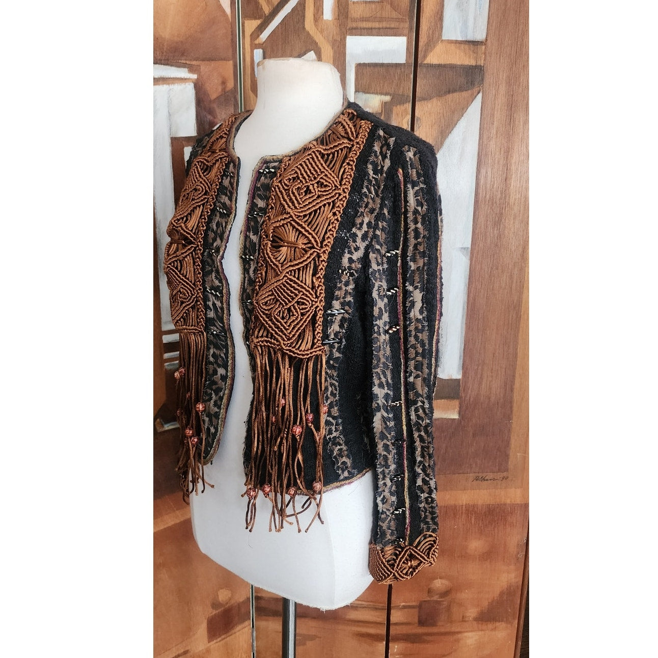 Vintage 90s Sandy Starkman Bohemian Crochet  Embellished Fringe Jacket Art to Wear