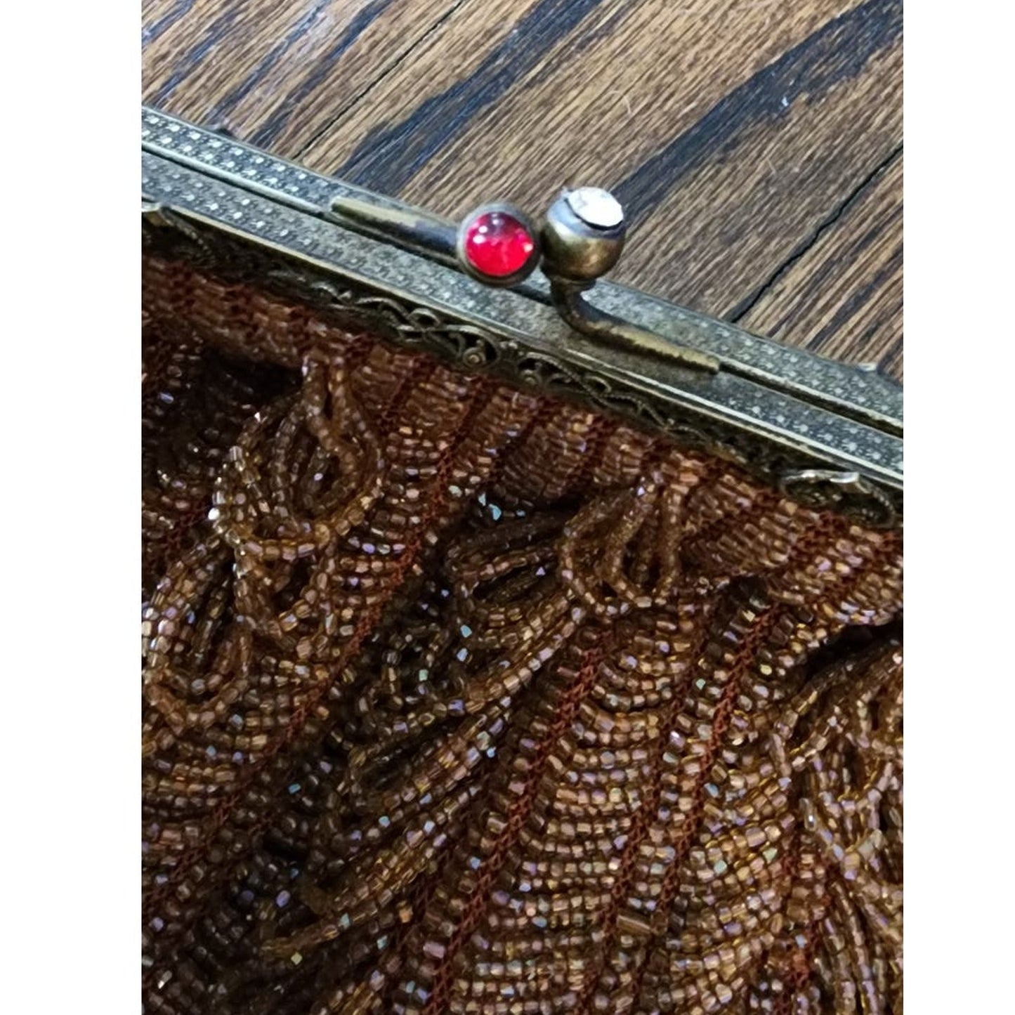 Vintage 1910s Glass Bead Bag Copper Looped Fringe France