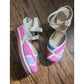 Vintage 1970s 80s Shoes Patchwork Suede Sandals Wedge Heel Pink Purple Blue 6
