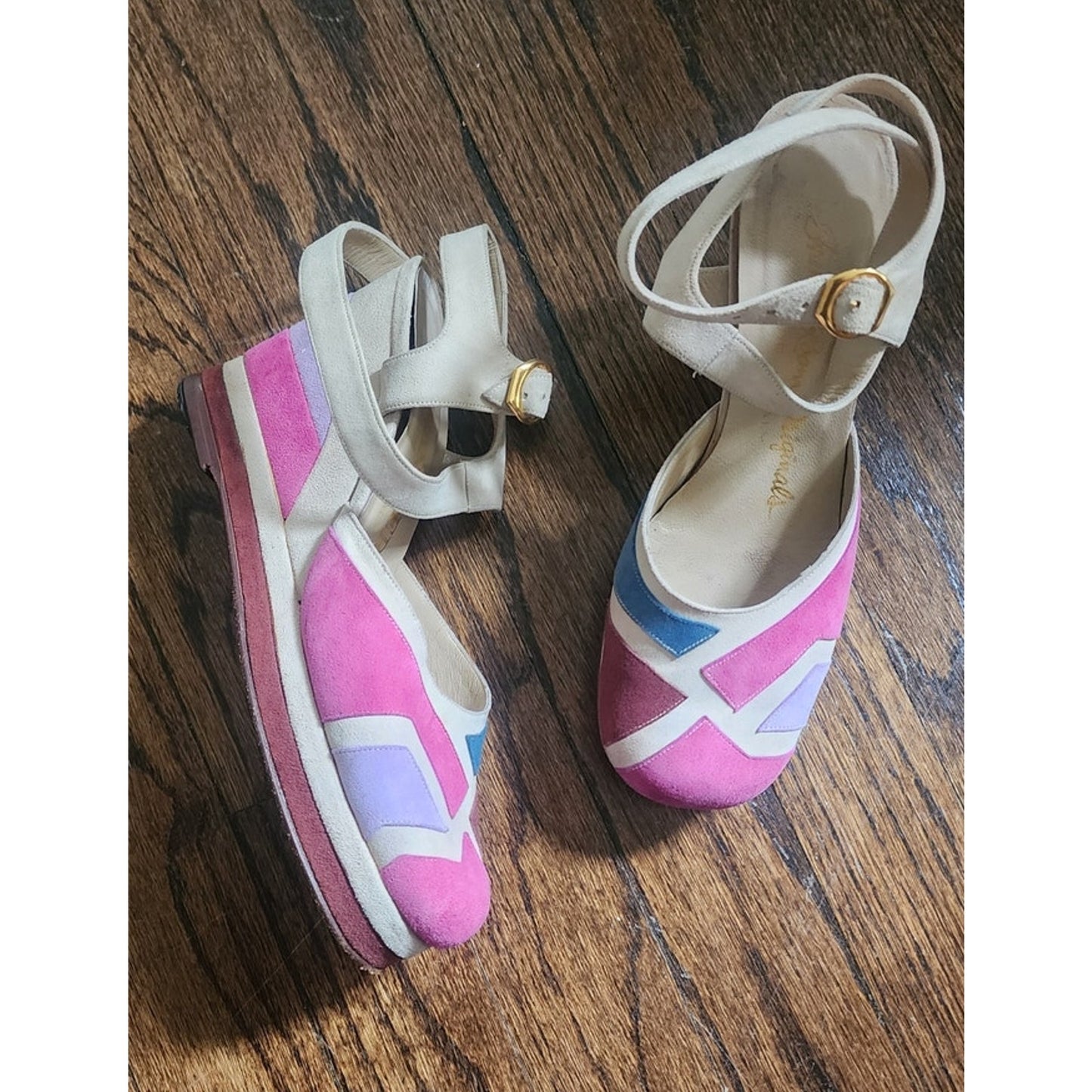 Vintage 1970s 80s Shoes Patchwork Suede Sandals Wedge Heel Pink Purple Blue 6
