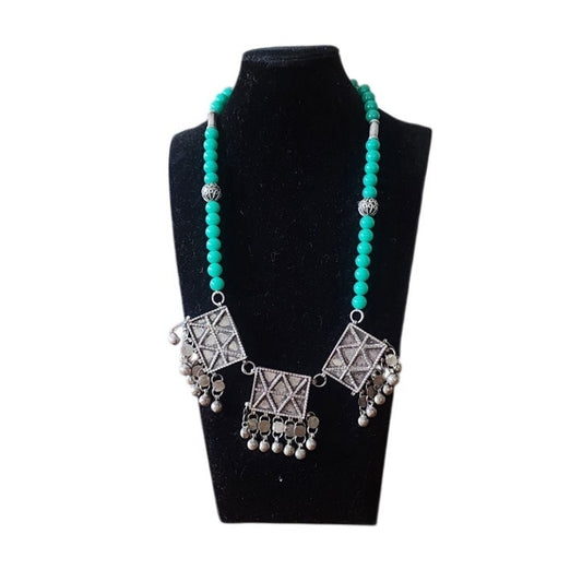 Vintage Tibetan Nepali Bib Necklace Dyed Agate Blue Beads Sterling Silver Clasp