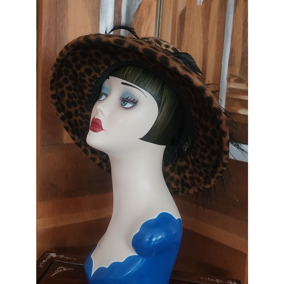 Vintage Y2K Carluci Millinery Animal Print Hat Wide Brimmed w/Bow & Feathers