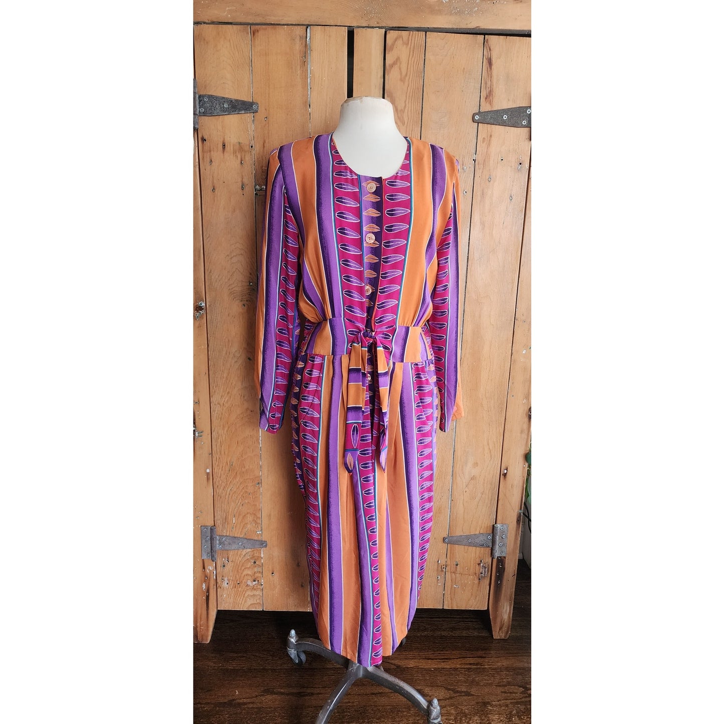 Vintage 1980s Silkprint Dress Purple Orange Stripe Secretary Style Sady King