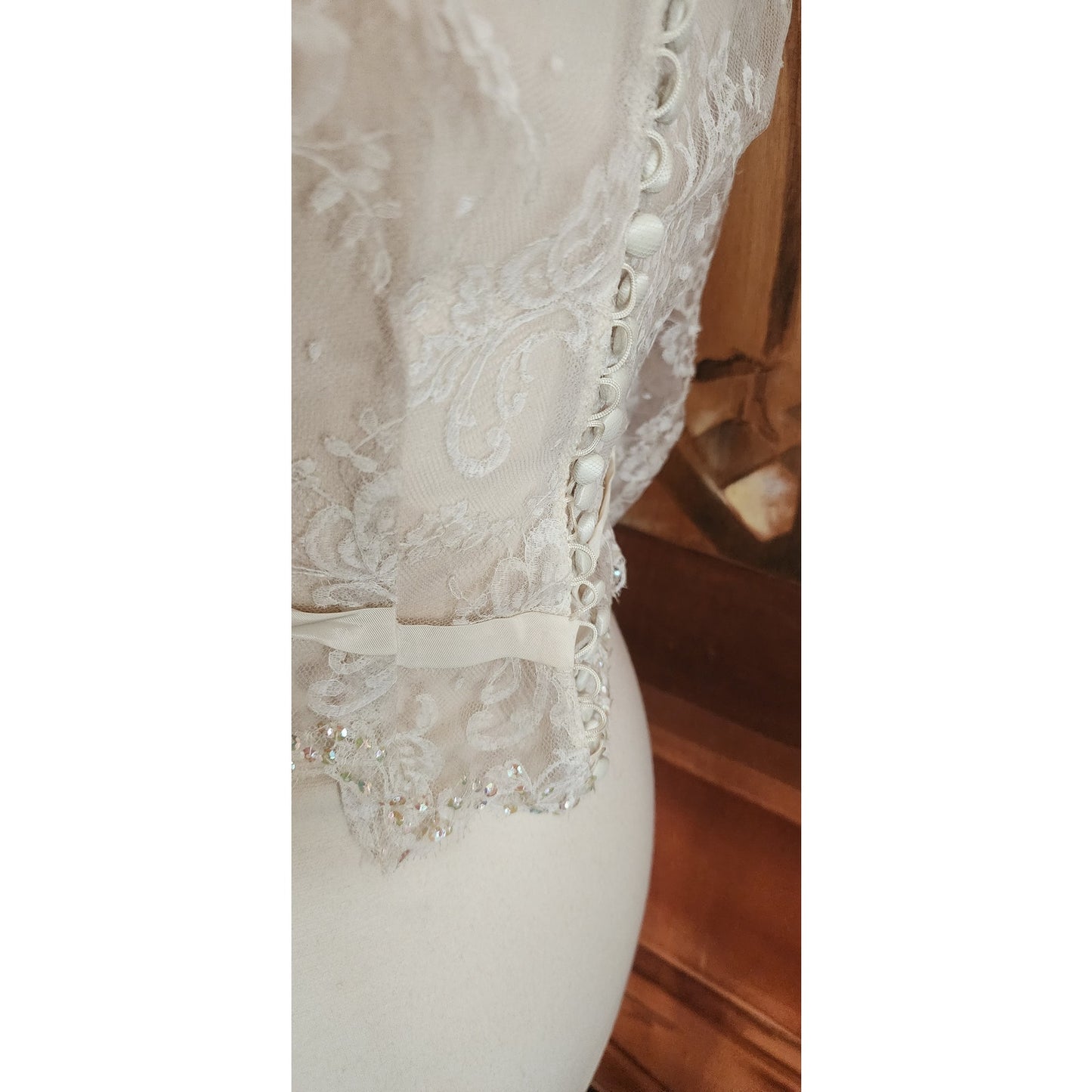 Vintage 50s Bridal Top Jacket Sheer White Lace & Sequins Long Sleeved