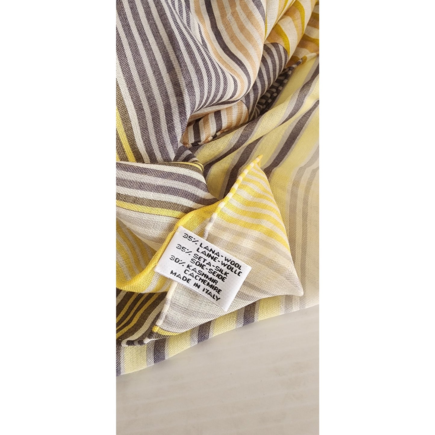 Vintage Nina Ricci Cashmere Silk Scarf Shawl Yellow Gray Stripe
