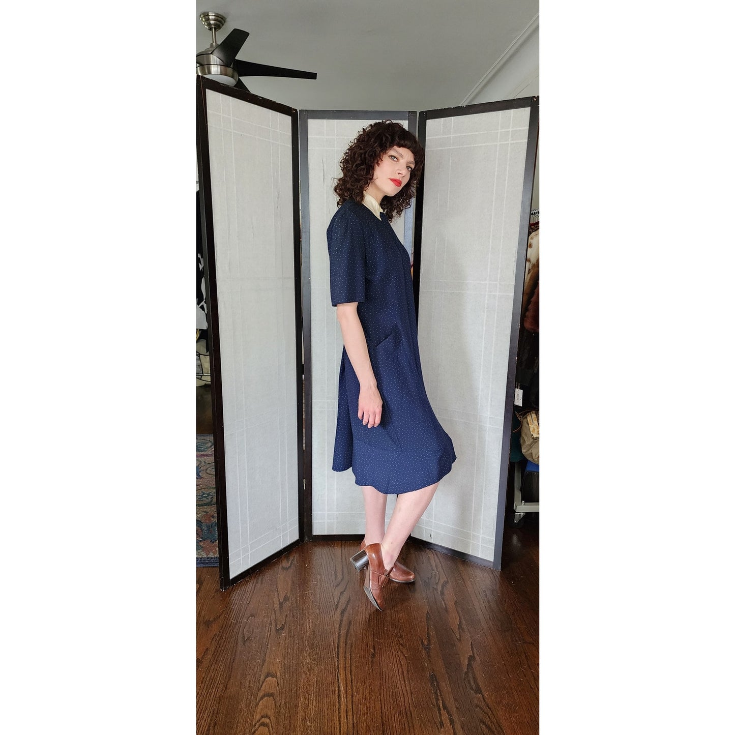 Vintage 80s Krizia Dress Navy Blue White Micro Dot Print White Collar