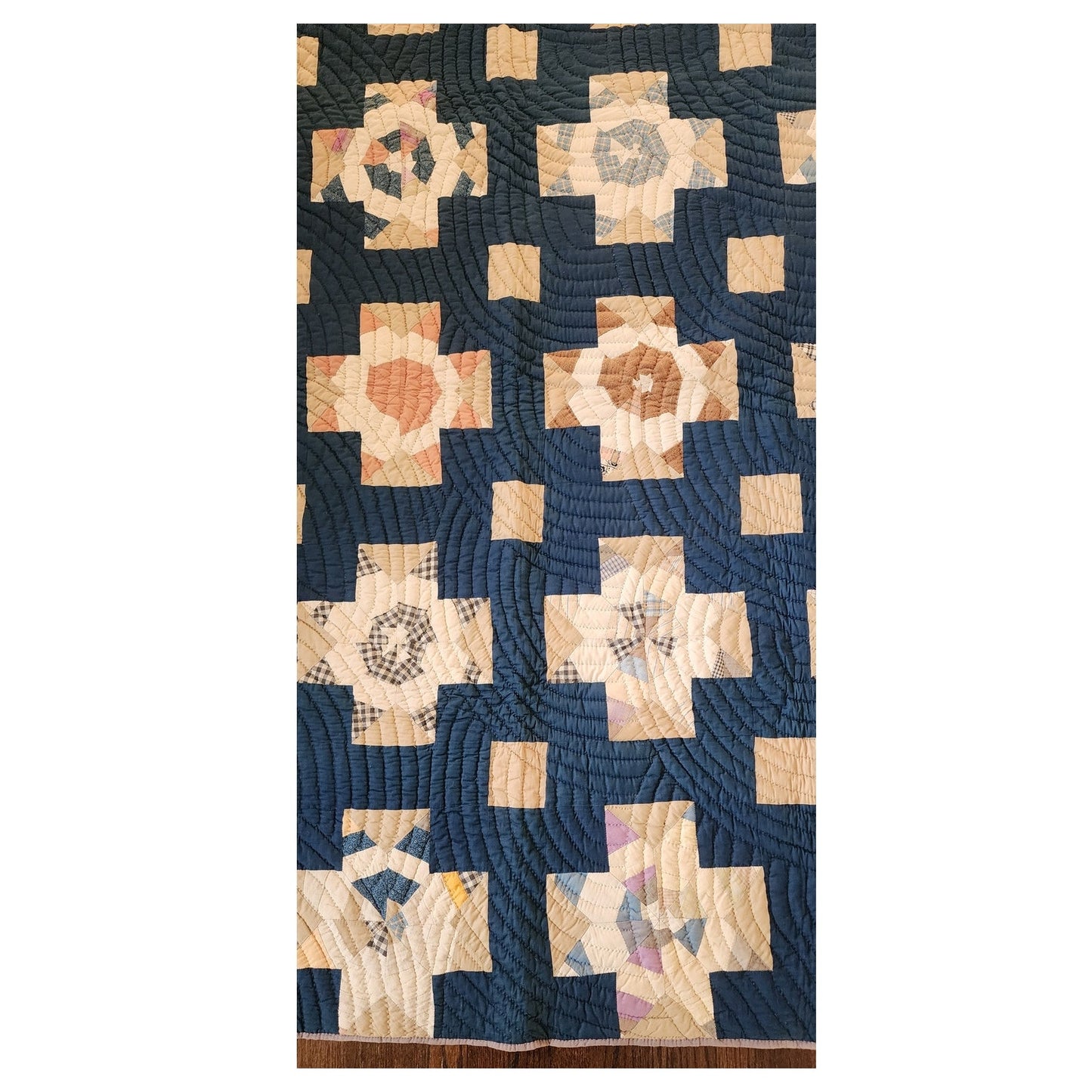 Antique 1800s Quilt Variable Stars Scraps Sampler Crossed Roads Dark Blue w/Cream Crosses