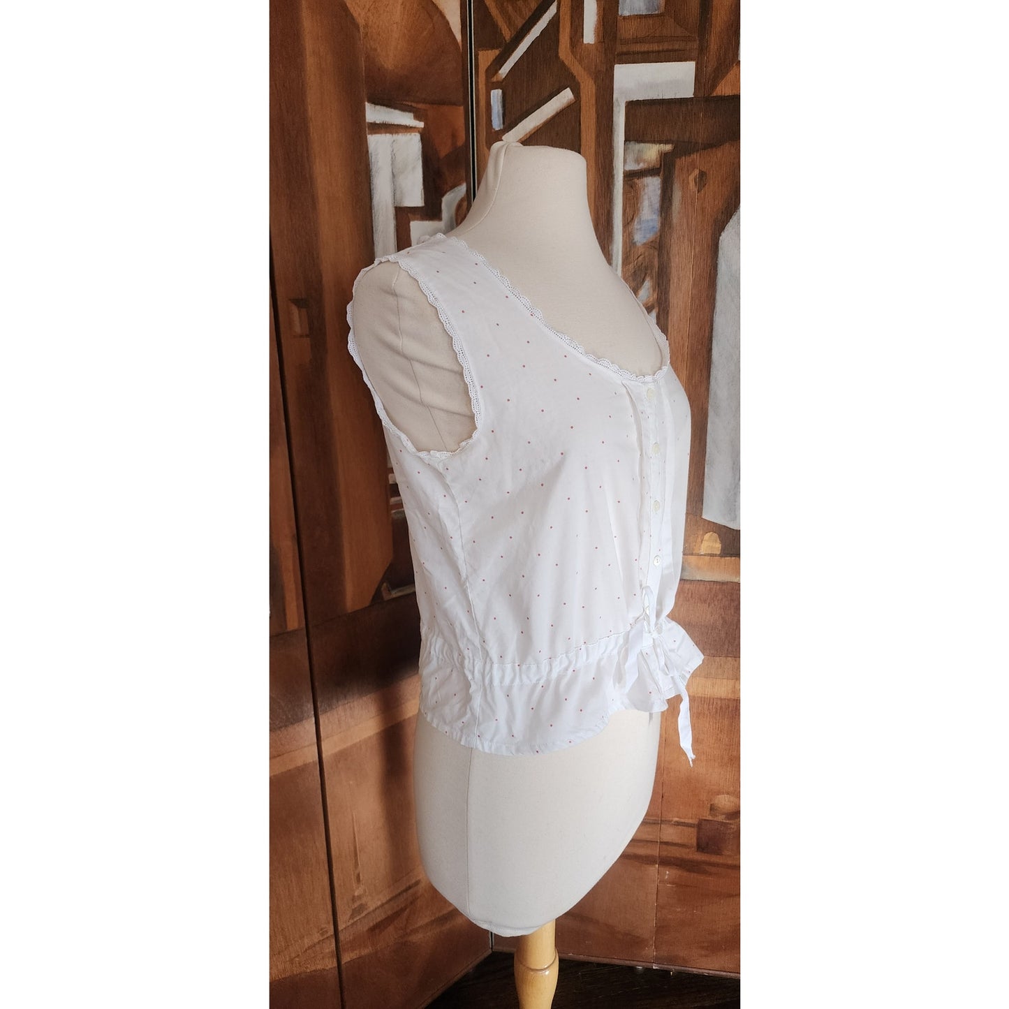 Vintage 80s Laura Ashley White Cotton Eyelet Sleeveless Top Red Micro Polka Dot