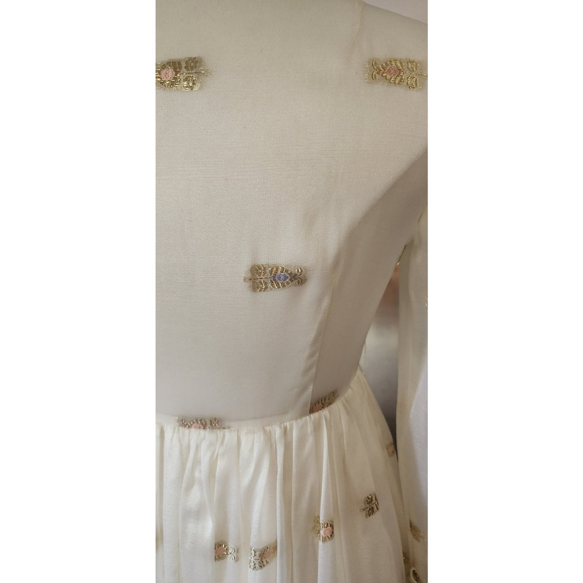 Vintage 1970s Boho Dress White Gold Brocade Embroidery Indian Style Chuck Howard
