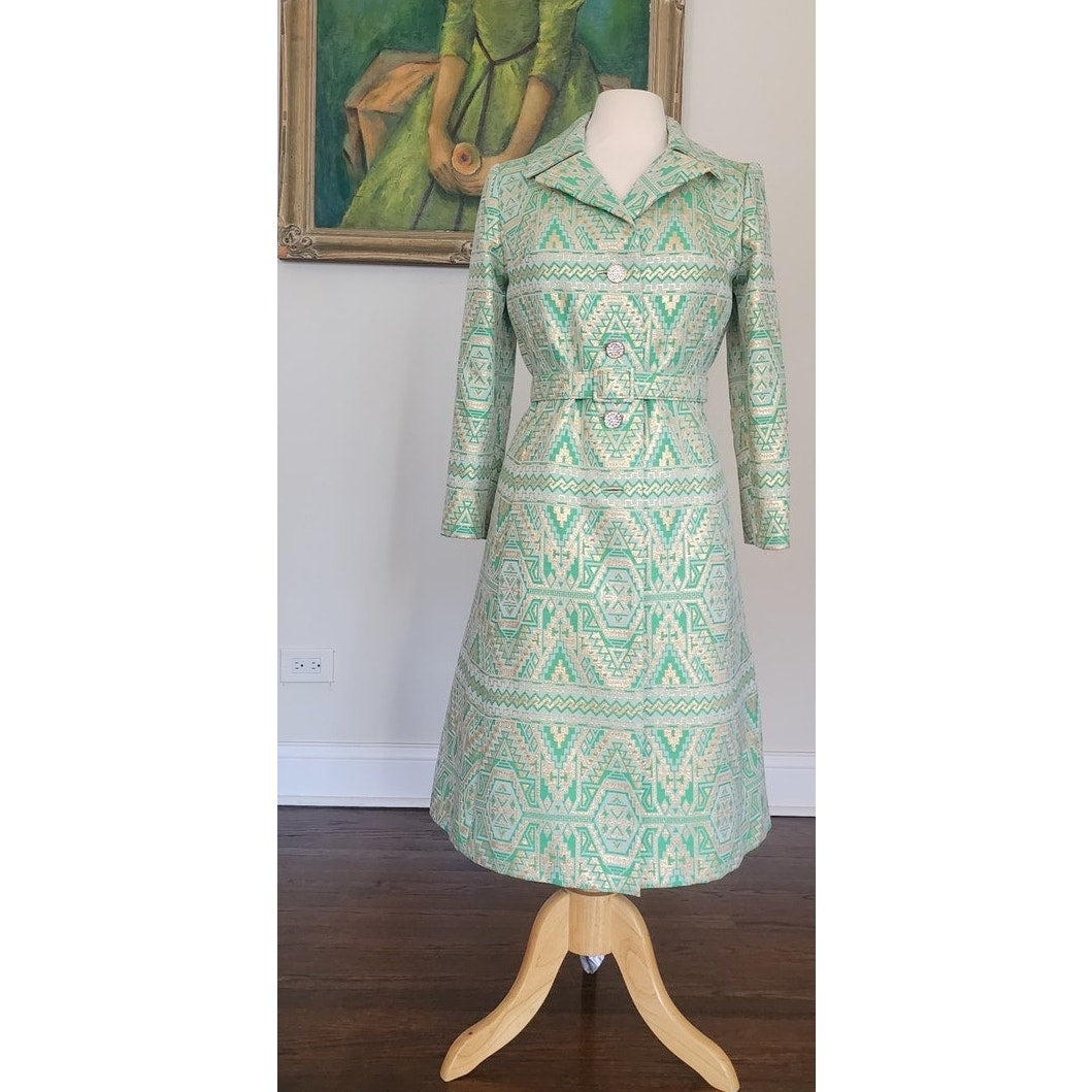 Vintage 1960s Belted Coat Mod Green Print Geometric Abstract Chas A Stevens