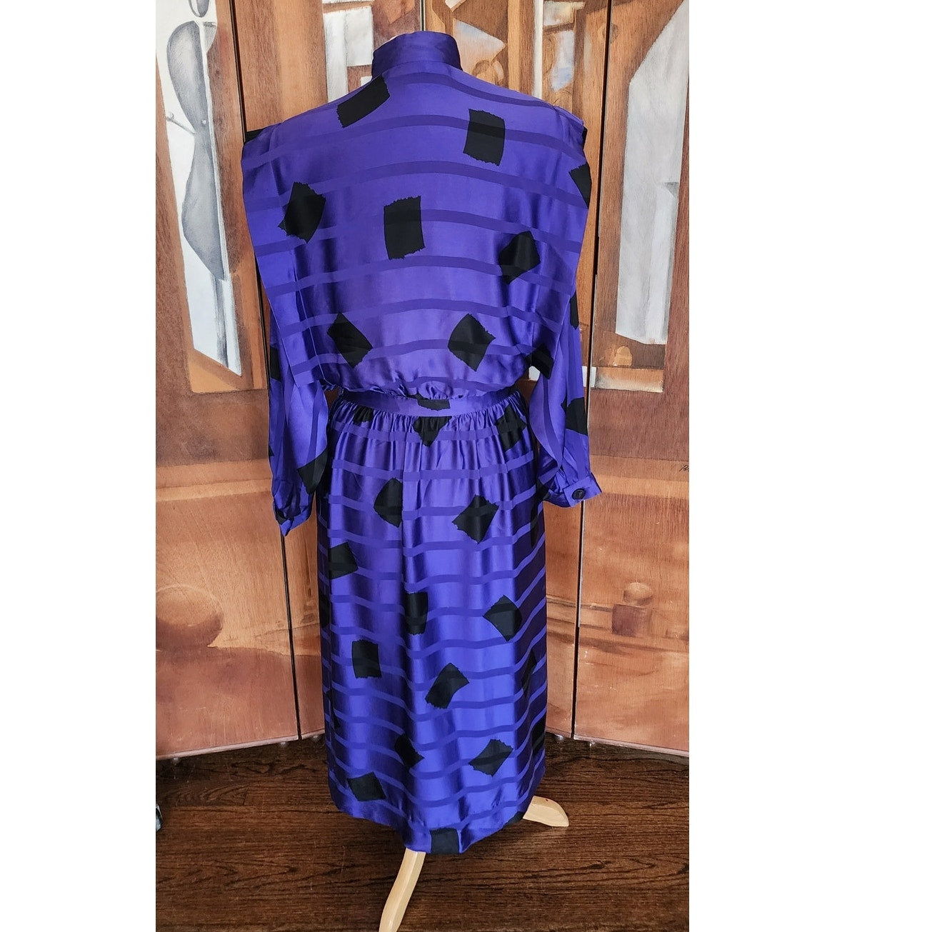 Vintage 80s Blue Geometric Print Silk Dress Button Down Shirt Dress Albert Nipon