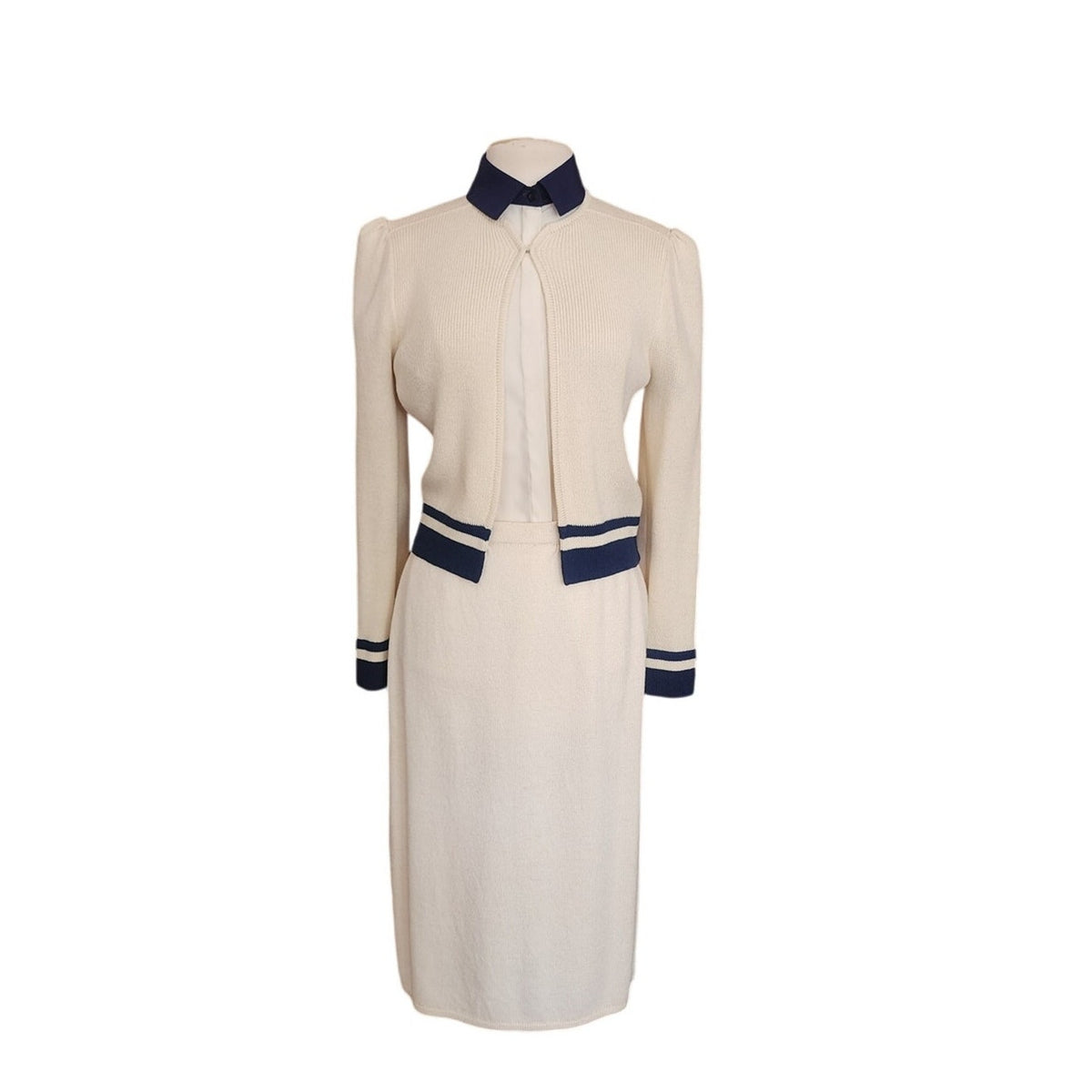 Vintage 1970s St John Suit Santana Knit Jacket Skirt Blouse Cream Navy 3 Piece