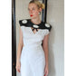 Vintage 80s Dress White Cotton Black Leather w/Cut Outs & Open Back