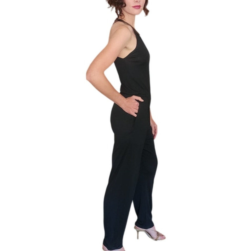 Vintage 1970s Genny by Gianni Versace Jumpsuit Asymmetric Black Rayon One Shoulder Snakeskin Trim Small