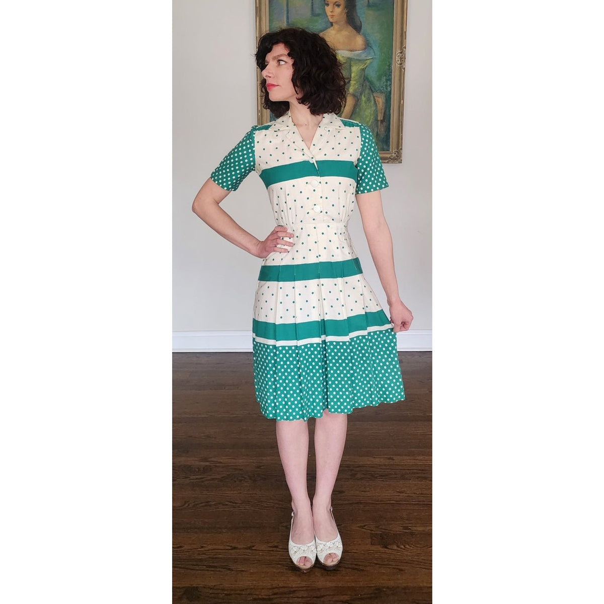 Vintage 1950s Nelly Don Dress Green Polka Dot White Cotton Hope Reed Short Sleeve