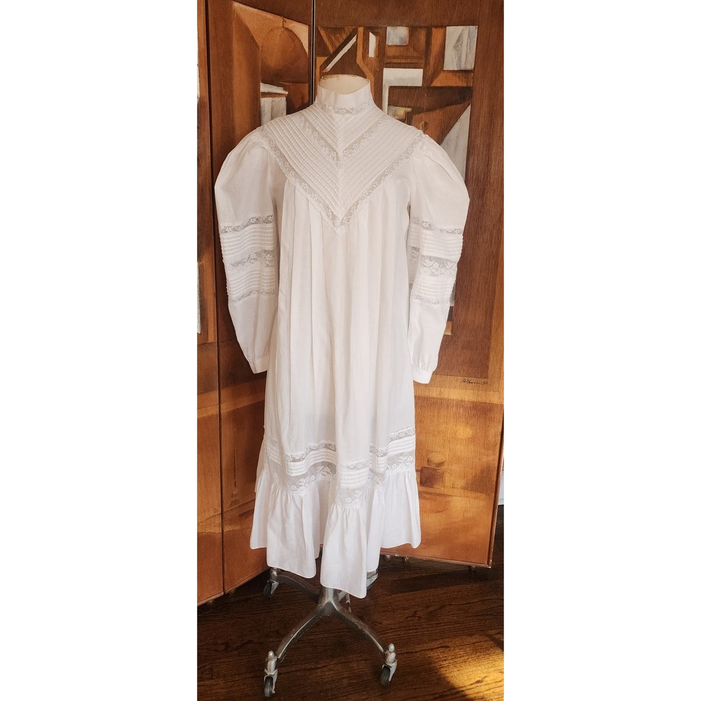 Vintage 80s Ceegee Sue Wong White Cotton Lace Dress Festival Boho Victorian Puff Sleeve