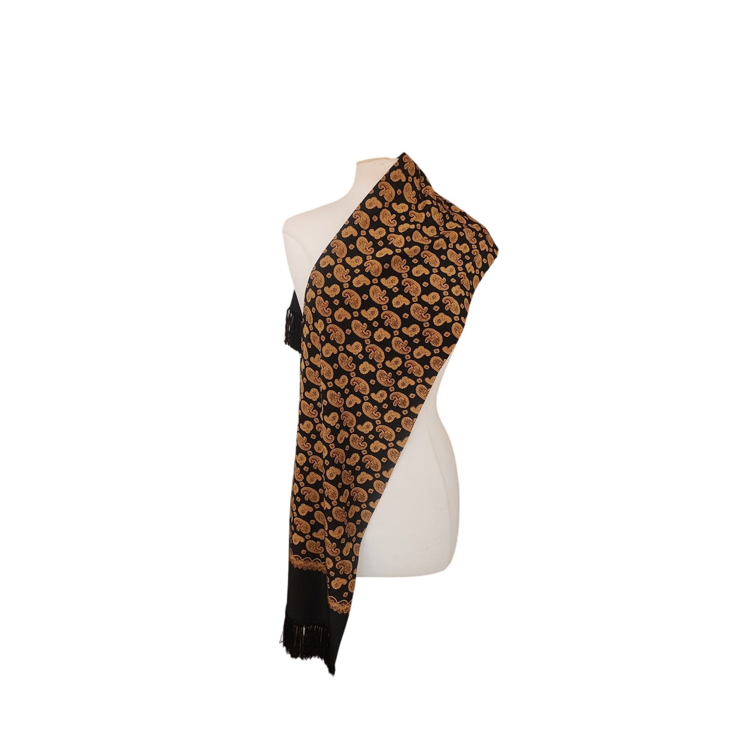 Vintage 1990s DKNY Scarf Black Gold Paisley Print Silk Oblong Fringe Donna Karan