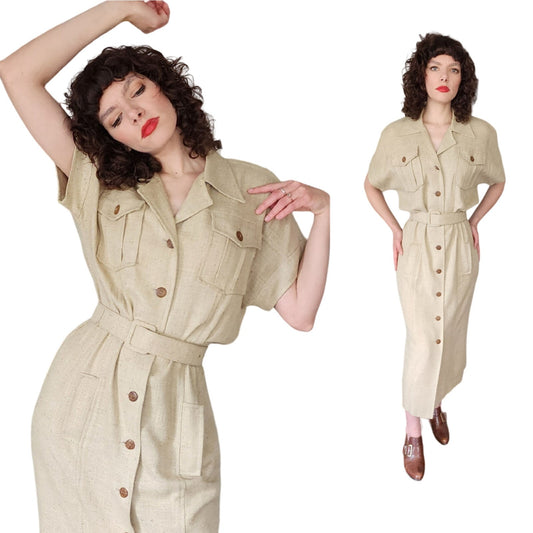 Vintage 80s Beige Summer Dress Button Down Front N.R.1.