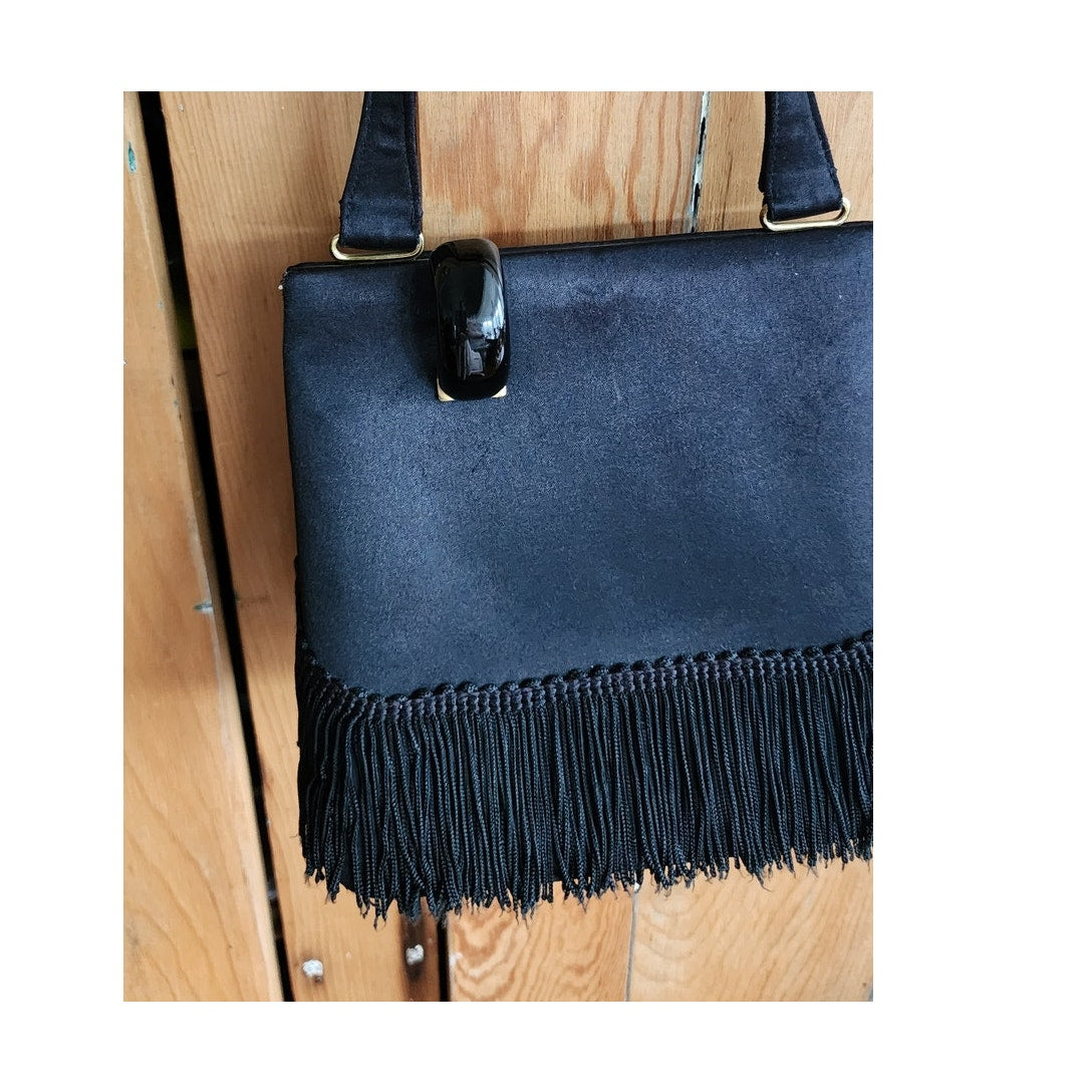 Vintage 60s Black Handbag Silk Fringe Mod