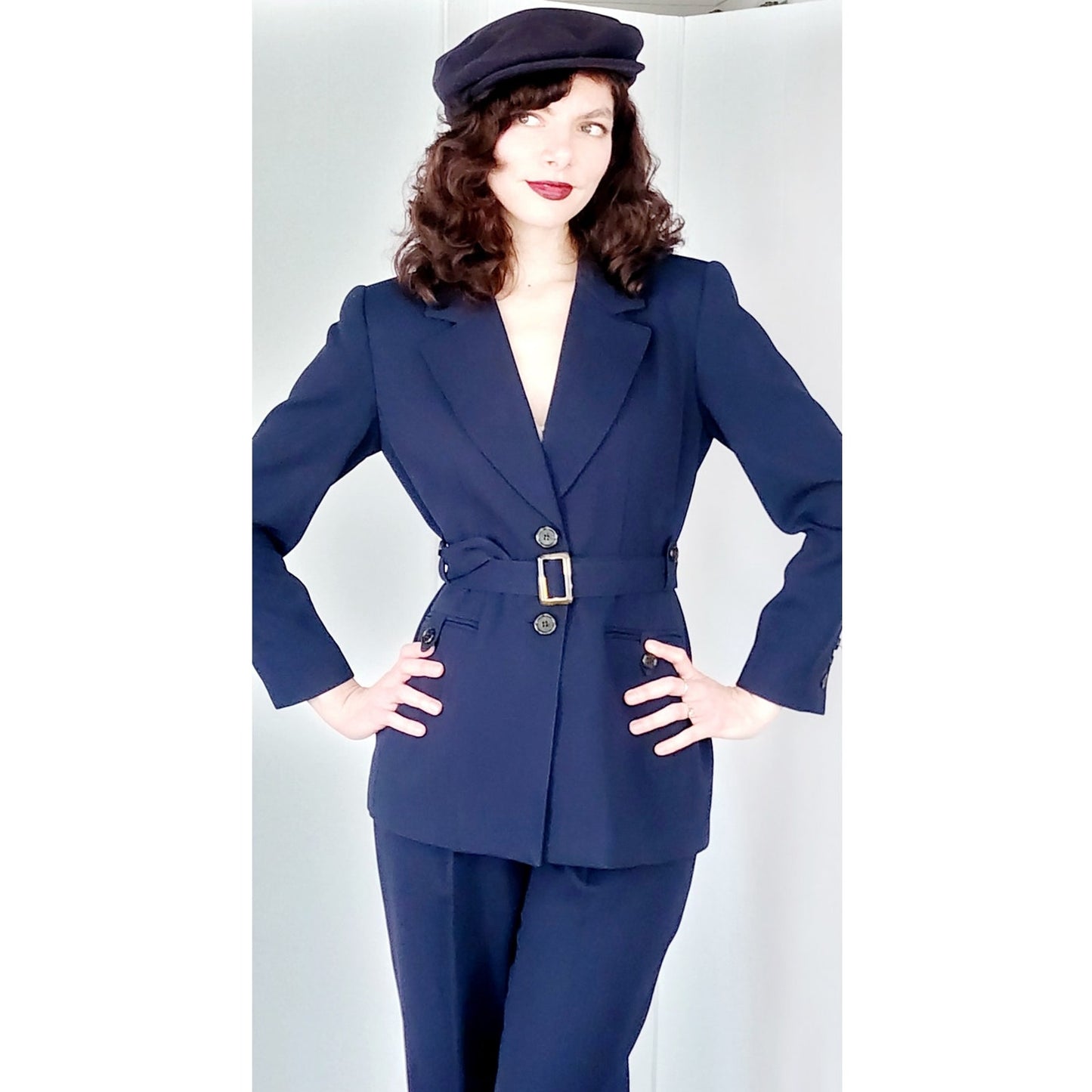 Vintage 1990s Navy Blue Pant Suit w/Belted Blazer Kasper /S